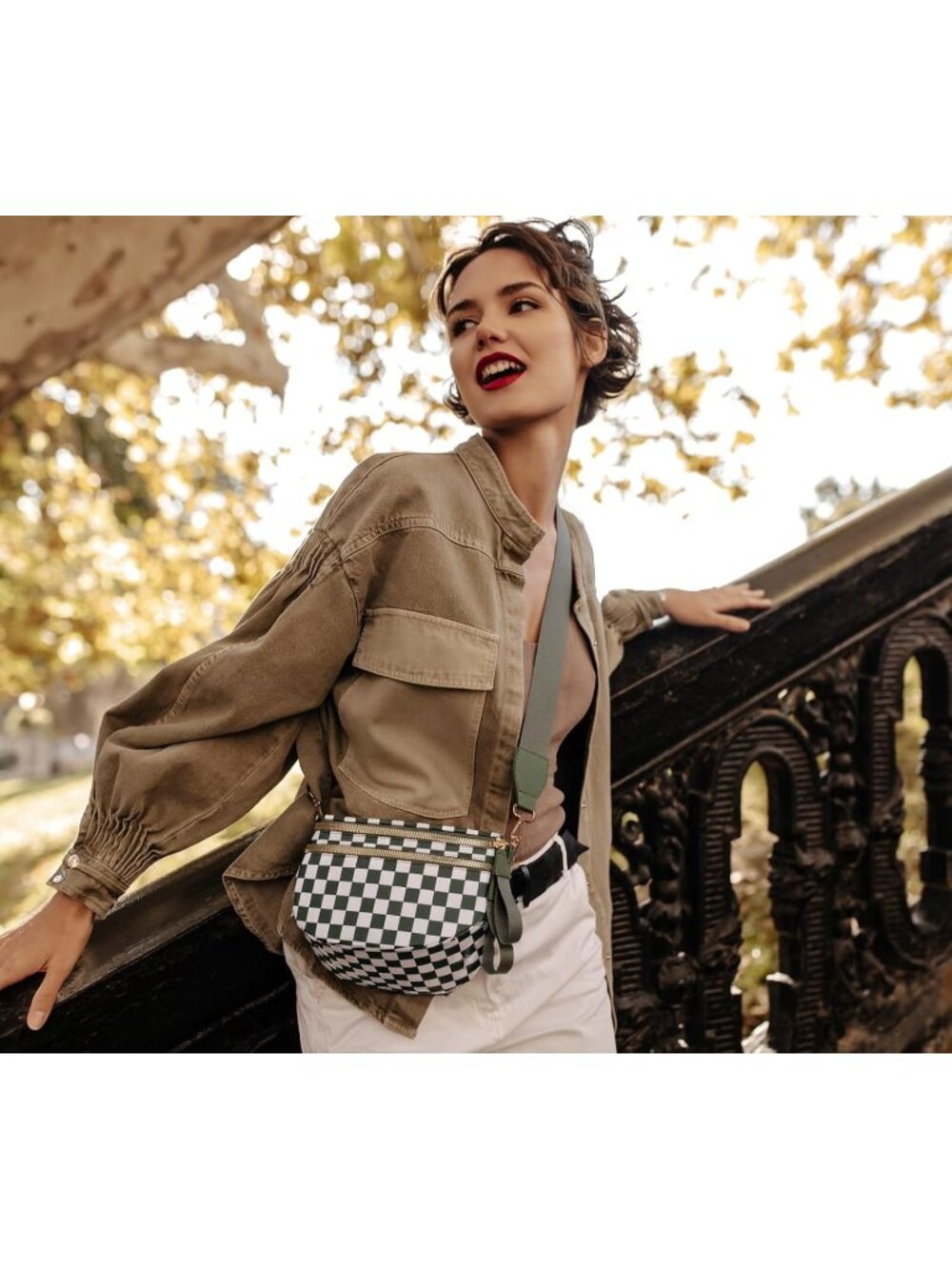 Women's Beans Green Spacious Checkered Double-Zipper Compartments Crossbody Bags - Picture 2 of 6